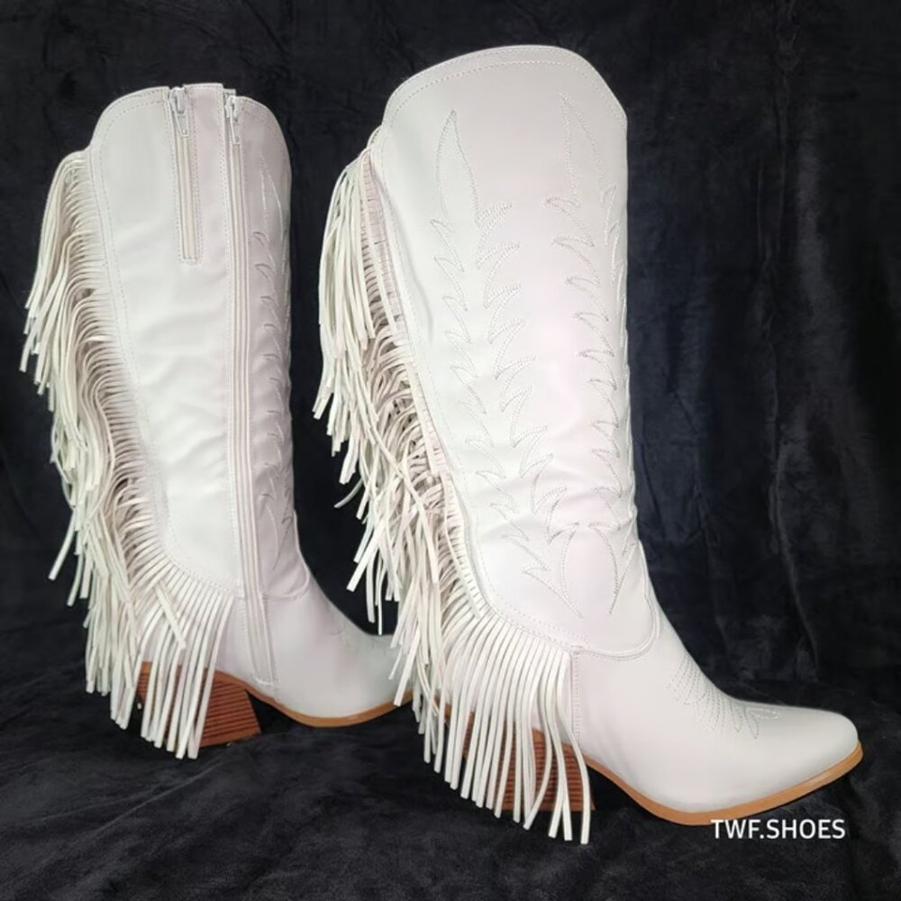 Dusty Roads Bright White Back Fringe Cowboy Western Cowgirl Boots Tuck Zipper - Picture 12 of 13